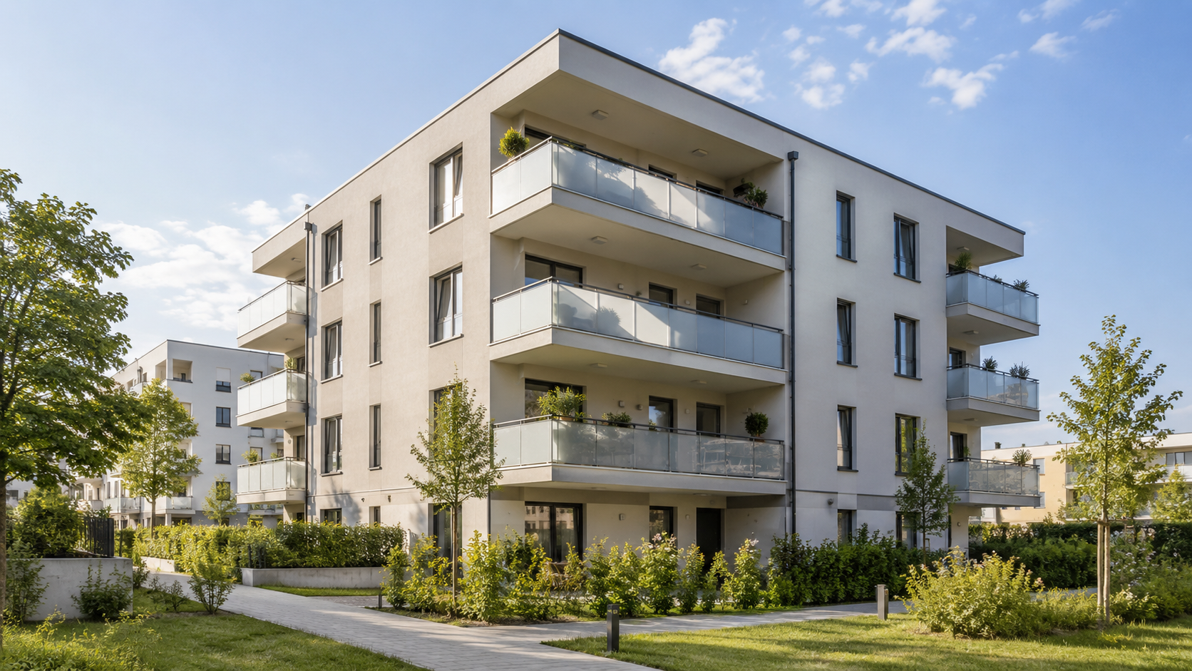 Moderne Wohnanlage mit Balkonen und begrüntem Zugang